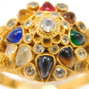 Bollywood 20k Yellow Gold Multicolor Glass Domed Scrolled Statement Ring 4.8g
